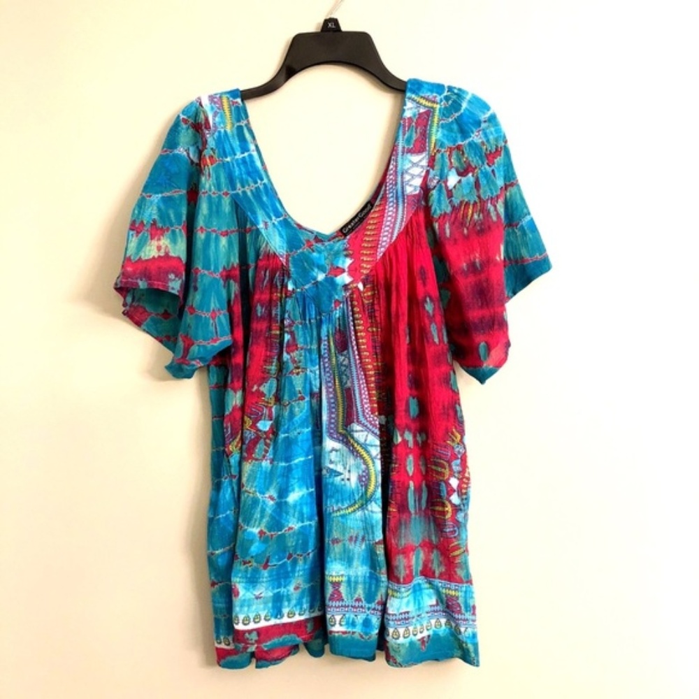 Greater Good batik look blue/pink boho top